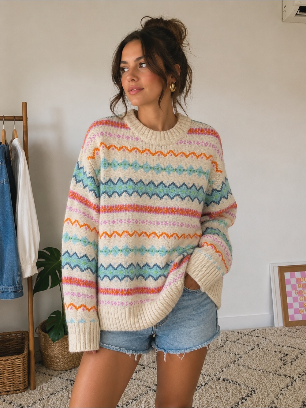 American Eagle Fair Isle Multicolor Crewneck Sweater Size M